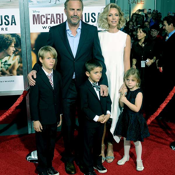 Image of Caption: Kevin and Christine attended the premiere of The Art of Racing in the Rain with their three children, Cayden, Hayes, and Grace in August 2019